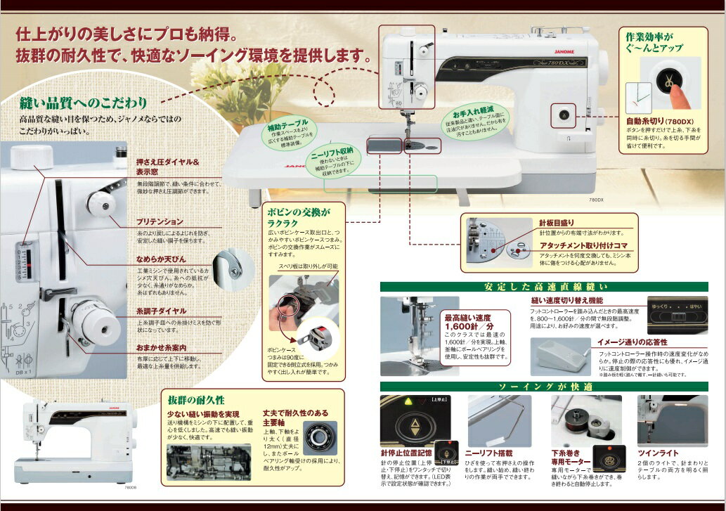 ●ジ ャノメ 職業用 ミシン【送料無料】蛇の目 高速直線 ミシン 780DX（JANOME ミシン）《作業効率がぐ～んとアップ！自動糸切り》●ニーリフト●プリンテンション●縫い速度切り替え機能●ツインライト●縫い速度切り替え機能●下糸巻き専用モーター