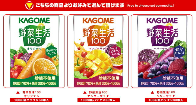 カゴメ 野菜生活100 選べる4ケースセット 100ml紙パック×120(30×4)本入｜ 送料無料 野菜ジュース オリジナル ベリーサラダ マンゴーサラダ