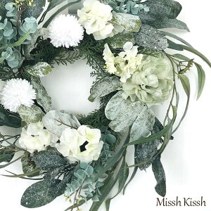 リース フラワー スノー グリーンリーフ ホワイトフラワー クリスマス お正月 45cm White Flower Snow Wreath L