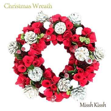 クリスマスリース まつぼっくり レッド ローズ 33cm Red Roll White Pine Wreath M