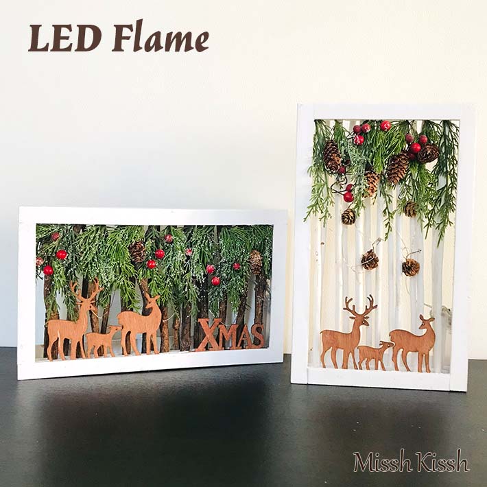 壁飾り ウォールデコ インテリア 装飾 壁掛けフレーム LED Flame Deer In Forest 電飾 壁デコ 玄関 ギフト クリスマス Xmas Christmas