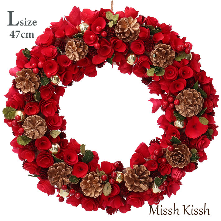 フラワーリース リース バラ 松ぼっくり 赤 クリスマス Lサイズ Christmas Xmas Red Wood Curl With Gold Pinecone L