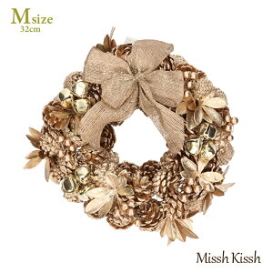 クリスマスリース 32cm まつぼっくり リボン ゴールド リーブス Mサイズ Ribbon Wreath Gold&Leaves M