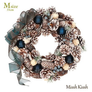 クリスマスリース 35cm ホワイト リボン まつぼっくり Mサイズ Ribbon Wreath WhitePine&NavyBall M