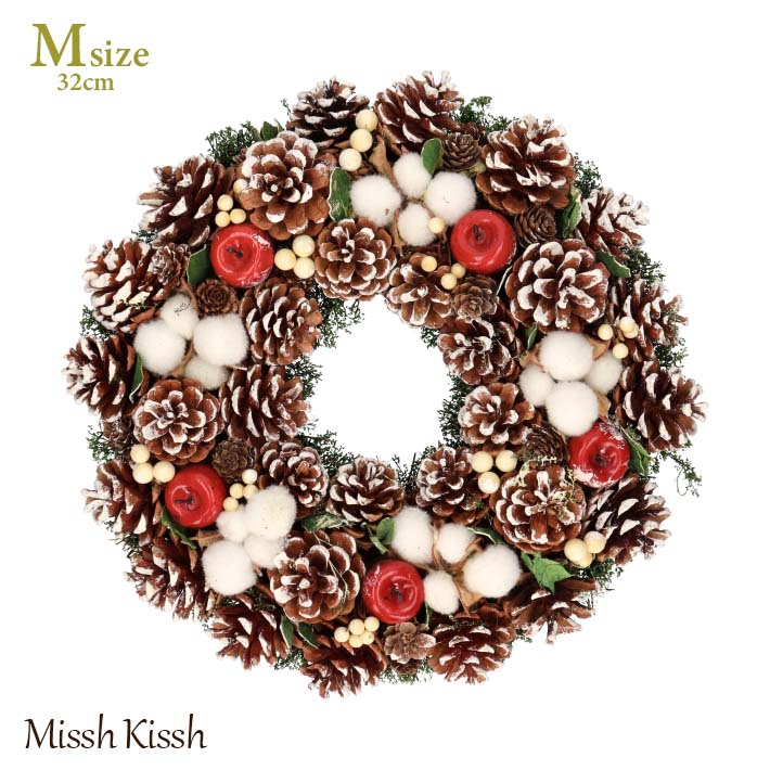クリスマス リース スワッグ クリスマスリース wreath swag Mサイズ りんご コットン 苔 モス Moss まつぼっくり christmas Xma...