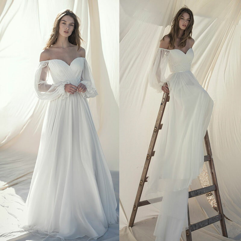 ウエディングドレス 【ブライダル】 オフホワイト オフショルダー ハートネック｜バルーンスリーブ フレアスカート ウエストリボン チュールドレス｜フォトウェディング/結婚式/海外挙式/フェアリーウエディング｜花嫁ドレス フィット&フレア イベント用 ブライダル写真適用