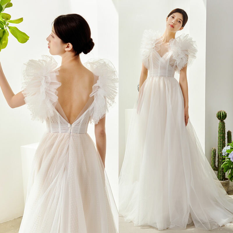 ウェディングドレス ウエディングドレス 二次会 2.5次会 結婚式 披露宴 前撮り 後撮り ブライダル ロングドレス 花嫁 Aラインドレス シャンパン チュール フリル 海外挙式 フォトウェディング wedding dress 小さいサイズ 大きいサイズ ファスナー バックレス 演奏会