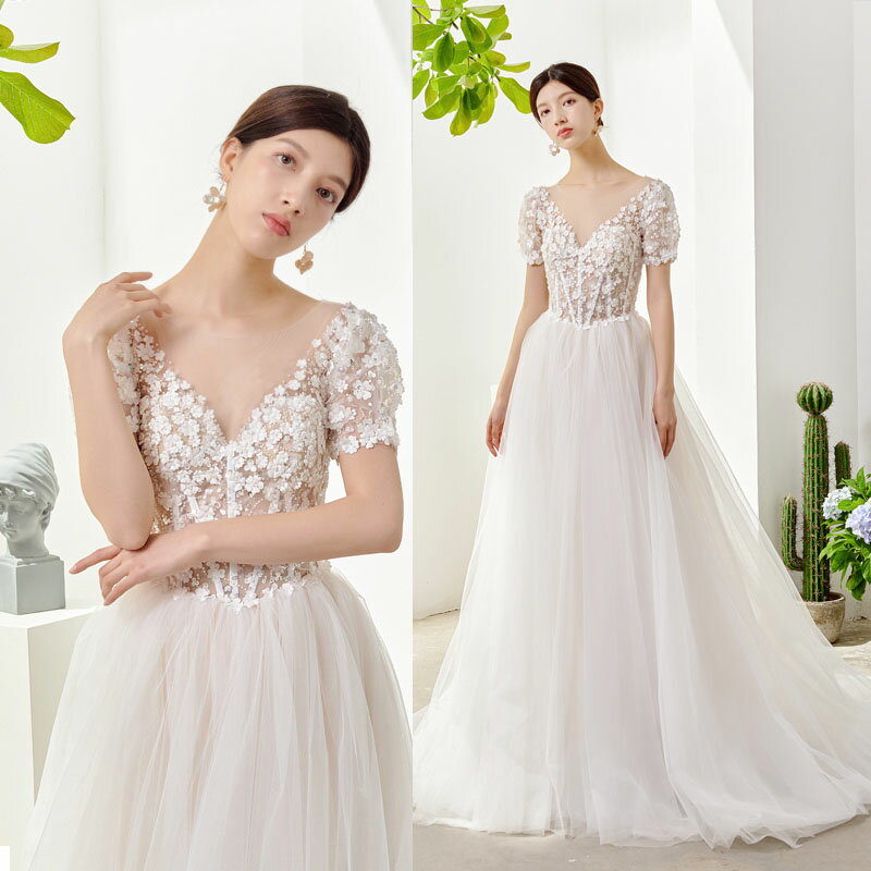 ウェディングドレス 半袖 ウエディングドレス 二次会 2.5次会 結婚式 披露宴 前撮り 後撮り ブライダル ロングドレス 花嫁 Aラインドレ..