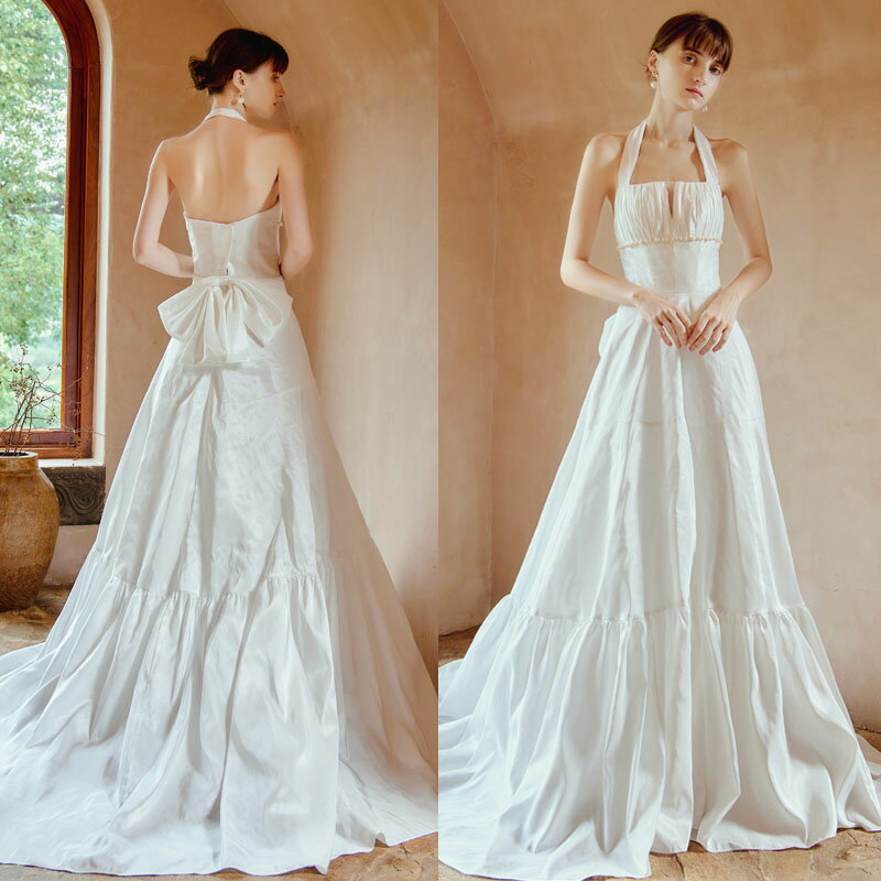 ウェディングドレス ウエディングドレス 二次会 結婚式 前撮り ブライダル ロングドレス 花嫁 スレンダードレス スレンダーラインドレス サテン ホルターネック 海外挙式 フォトウェディング オフホワイト wedding dress 白 ノースリーブ 小さいサイズ 大きいサイズ