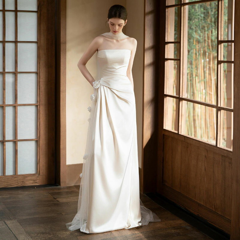 ウェディングドレス Aライン ノースリーブ ロングトレーン ワンピース 前撮り 後撮り フォトウェディング 披露宴 二次会 白 結婚式 ウエディングドレス 二次会 小さいサイズ 大きいサイズ セミオーダー フォトウェディング