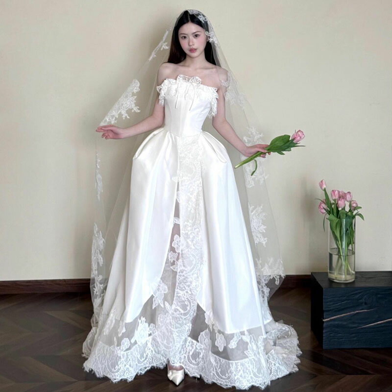 ウェディングドレス Aライン ロングトレーン ワンピース 前撮り 後撮り フォトウェディング 披露宴 二次会 白 結婚式 ウエディングドレス 二次会 レース刺繍 透視チュール 小さいサイズ 大きいサイズ セミオーダー