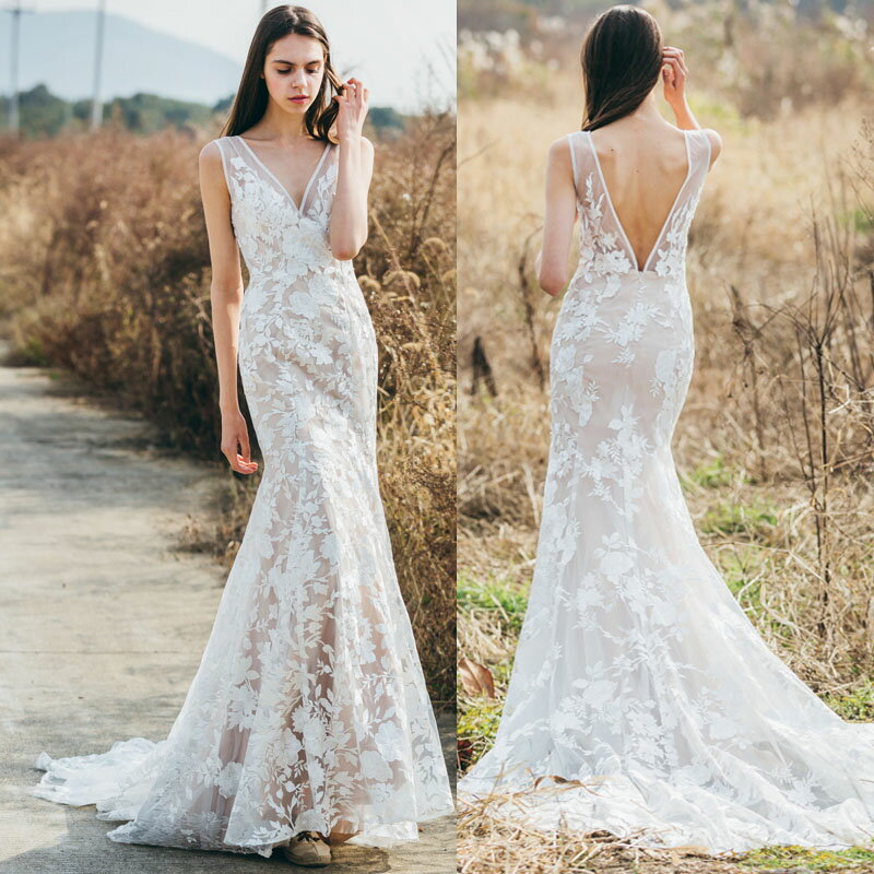 ウェディングドレス 花嫁 ブライダル ロングドレス 二次会 wedding dress フォトウェディング トレイン付き ウエディングドレス Vネック スレンダードレス 背中開き マーメイドドレス 披露宴 前撮り 後撮り 演奏会 小さいサイズ 大きいサイズ 海外挙式