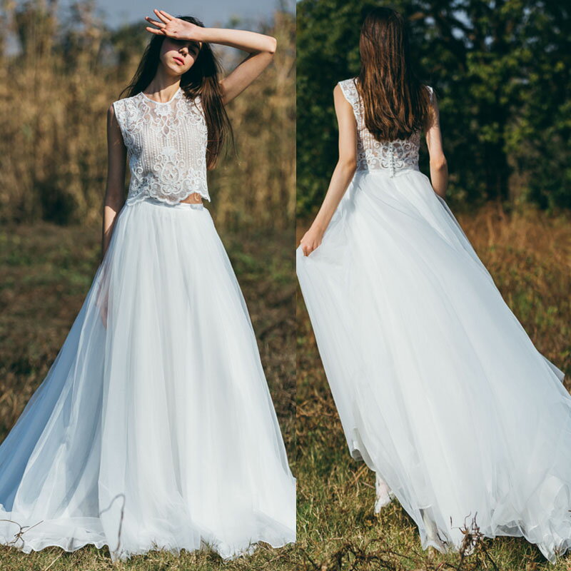 ウエディングドレス セパレート トップス スカート 白 大きいサイズ ロング 花嫁 二次会 披露宴 韓国 レース シンプル 春 夏 秋 冬 20代 30代 40代 袖なし ビーチフォト 前撮り 発表会 演奏会 体型カバー 送料無料