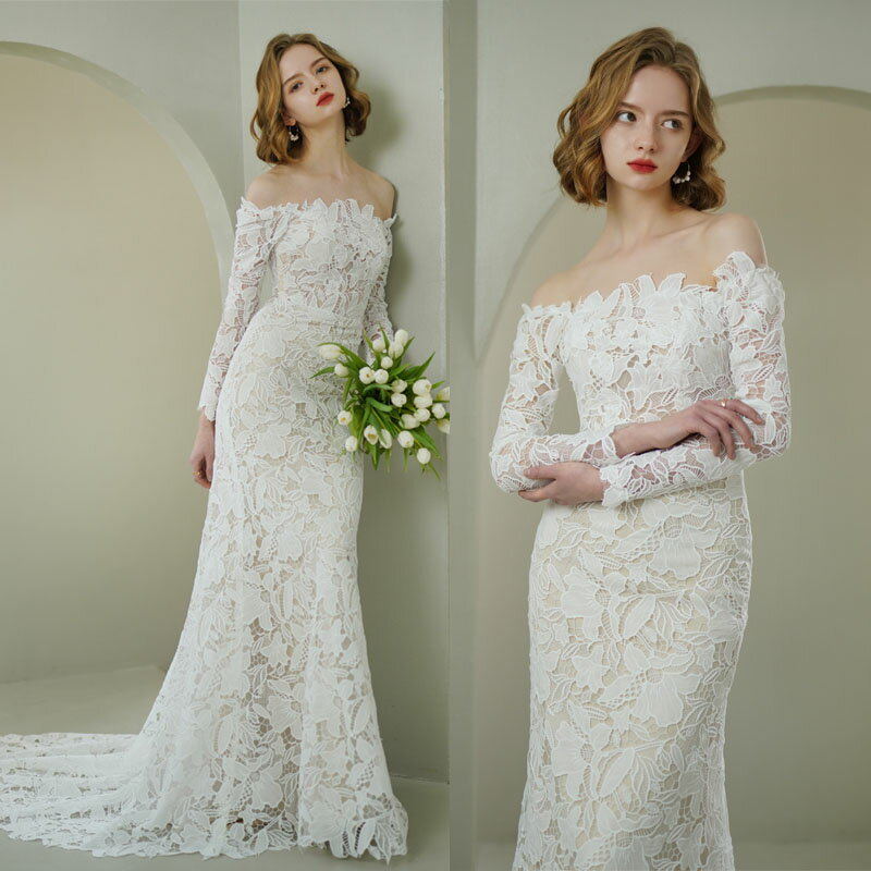 ウェディングドレス 花嫁 ブライダル ロングドレス 結婚式 海外挙式 wedding dress 長袖 前撮り 後撮り パーティードレス フォーマル イブニングドレス オフショルダーレース マーメイドドレス ワンピース イベント用 写真 披露宴 演奏会