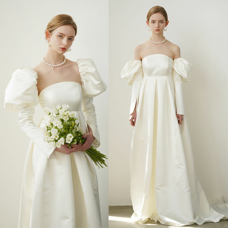 ウェディングドレス ウエディングドレス マタニティドレス 二次会 結婚式 前撮り ブライダル ロングドレス 花嫁 エンパイア 白 ハイウエスト 長袖 パフスリーブ 海外挙式 フォトウェディング オフホワイト wedding dress Aラインドレス エンパイアライン 大きいサイズ