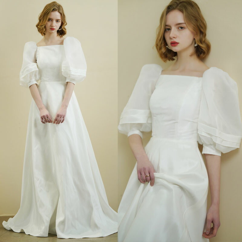ウェディングドレス ウエディングドレス 二次会 結婚式 前撮り ブライダル ロングドレス 花嫁 スレンダードレス スレンダーラインドレス 白 半袖 パフスリーブ 海外挙式 フォトウェディング オフホワイト wedding dress 欧米風 トレーン 小さいサイズ 大きいサイズ