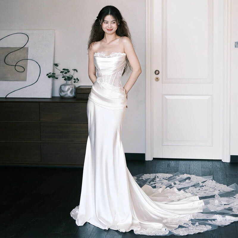 ウエディングドレス マーメイドライン サテン × レース 豪華 ロングトレーン ビスチェ ドレープ 結婚式 披露宴 二次会 前撮り 後撮り フォトウェディング 花嫁 ドレス 挙式 スレンダー 大人 エレガント セクシー 韓国風 インスタ映え ホワイト 白