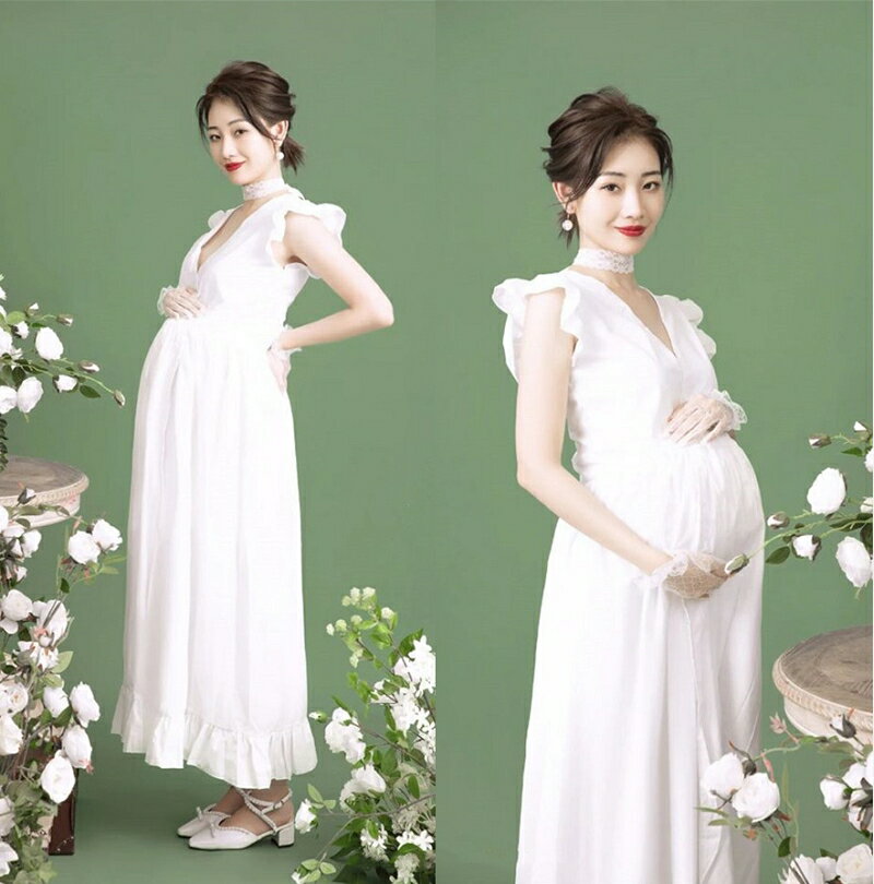 楽天MISS-R【送料無料】シンプルホワイトマタニティフォトドレス マタニティドレス 記念写真用 前撮り可愛いフリーサイズ新作 マタニティフォト ドレス 思い出