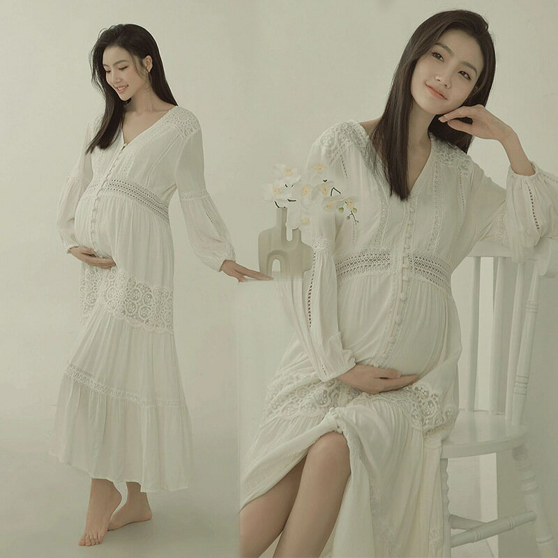 楽天MISS-R【可愛いVネックマタニティドレス】マタニティフォト 長袖オールシーズフリーサイズ 記念写真用新作 前撮り対応 フォトドレス マタニティフォト ドレス 思い出