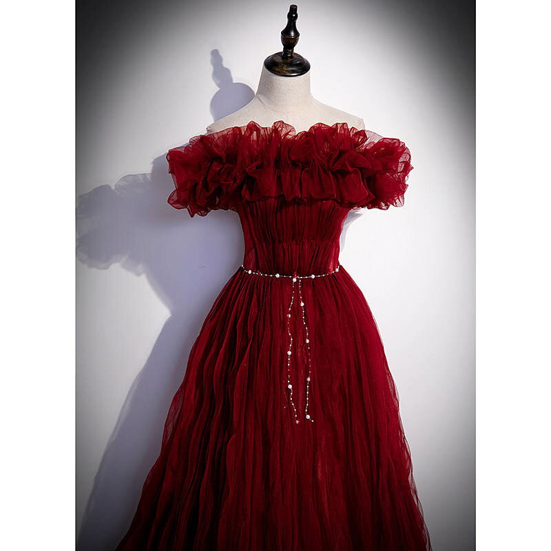 カラードレス ワインレッド オフショルダー 前撮り フリル ロングドレス 結婚式 二...