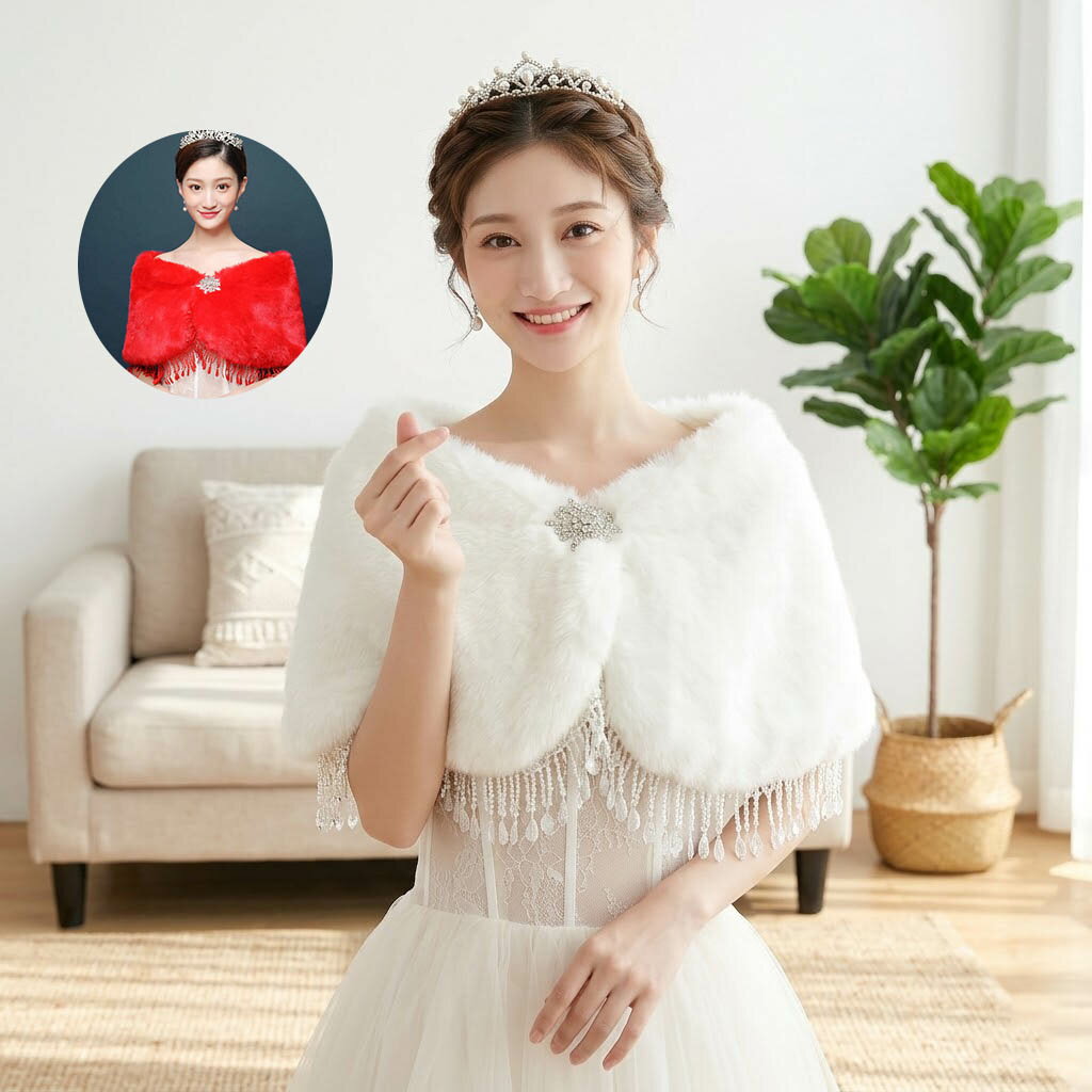 ウエディング ショール ファー ケープ ビジュー タッセル フリンジ ブライダル 結婚式 披露宴 二次会 パーティー ドレス 羽織り 秋冬 防寒 フェイクファー 成人式 振袖 着物 フォーマル 花嫁 演奏会 白 赤 ホワイト レッド ふわふわ 華やか 高見え 暖かい