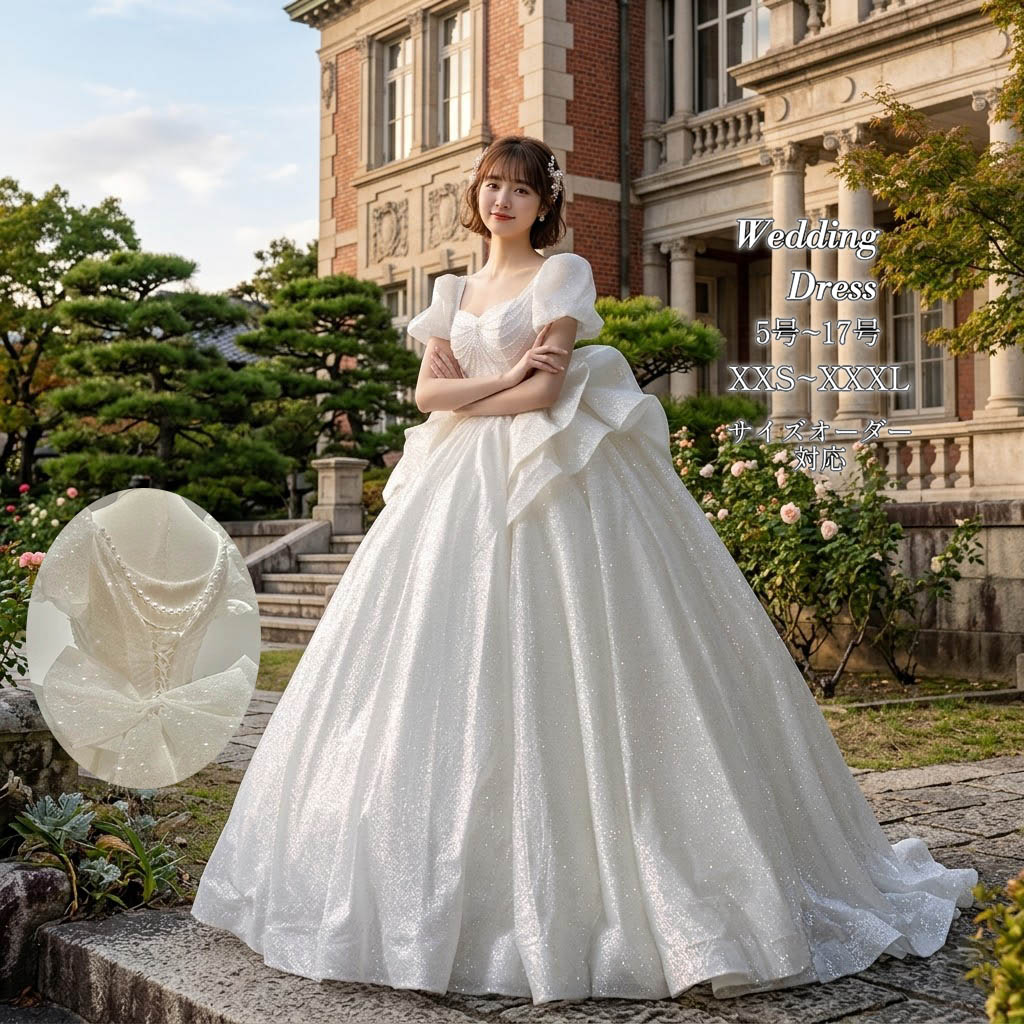 ウェディングドレス プリンセスライン チュール ウエディングドレス ロングドレス スクエアネック 半袖 ロングトレーン 編み上げ ホワイト 白 ゴージャス 華やか オーダーメイド 海外挙式 花嫁 レディース 上品 結婚式 披露宴 前撮り 大聖堂 ホテルウエディング