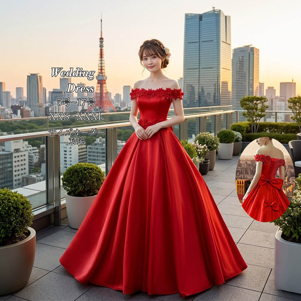 カラードレス フリル 光沢 サテン 赤 AIMER ウェディングドレス 高級
