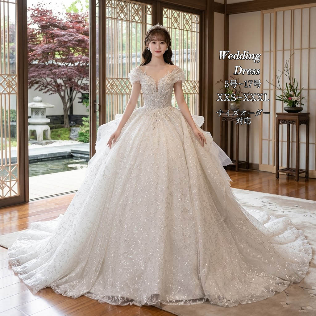 ウェディングドレス プリンセスライン チュール ウエディングドレス ロングドレス Vネック 半袖 ロングトレーン 編み上げ ホワイト 白 ゴージャス 華やか オーダーメイド 海外挙式 花嫁 レディース 上品 大人可愛い 撮影 結婚式 披露宴 前撮り 大聖堂 発表会