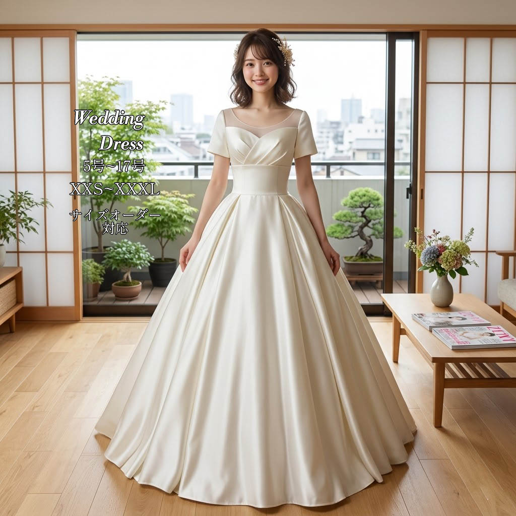ウェディングドレス プリンセスライン サテン ウエディングドレス ロングドレス Vネック 半袖 ロングトレーン 編み上げ ホワイト 白 ゴ..