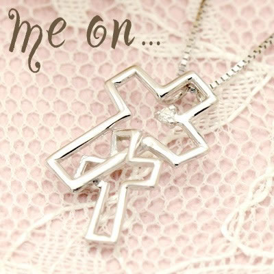 樂天商城 - 【メール便送料無料/代引き不可】【日本製】【me on...】K10ホワイトゴールド(WG)・ダブルクロス・ダイヤモンドネックレス【64114】