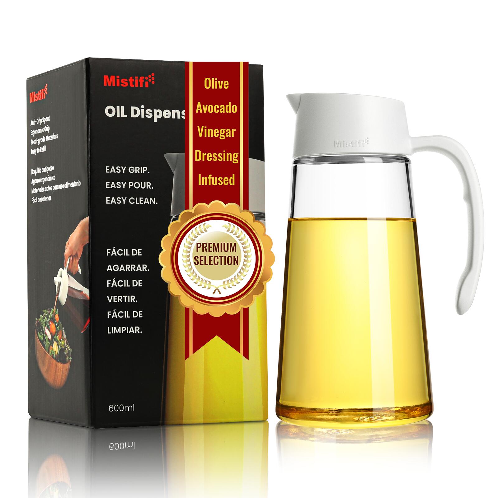 Mistifi オイルディスペンサー 600ml 液だれしにくい ガラスボトル 醤油差し オイル差し　油ボトル　食品衛生法適合品　オイル入れ　調味料入れ　液垂れしない　調味料ボトル 分解洗浄 食洗機対応 広口 注ぎやすい オイルボトル オリーブオイル 酢 ドレッシング キッチン用品