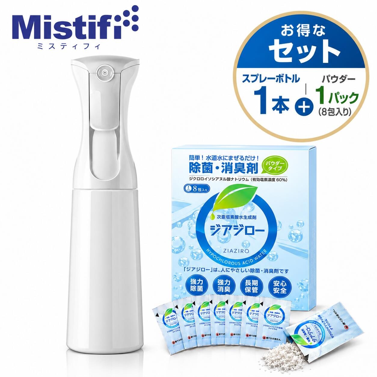 水道水にまぜるだけ。除菌・消臭ミストを手軽に作れるセット Mistifi（ミスティフィ）の白遮光350mlスプレーボトル1本と、ジアジロー除菌・消臭パウダー1パック（8包入り）を組み合わせた、便利な除菌・消臭ミストセットです。 ジアジローを水道水にまぜるだけで、気になる場所に使える除菌・消臭用ミストを手軽に作れます。 キッチン、テーブル、ドアノブ、トイレ、ペット用品、車内、玄関まわりなど、用途に合わせて使い分けできます。 白遮光350mlボトル1本付き。 付属のスプレーボトルは、清潔感のあるホワイトカラーの白遮光タイプ。 光を遮りやすいボトルなので、作った除菌・消臭ミストの保管にも便利です。 350mlサイズで持ちやすく、キッチン用・トイレ用・ペット用品用など、場所ごとに分けて使えます。 広範囲に微粒子噴射。毎日の除菌・消臭に使いやすい Mistifiの高機能ミストスプレーは、細かなミストを広範囲に噴射できる設計です。 テーブルやドアノブ、ゴミ箱まわり、トイレ、車内など、気になる場所に均一にスプレーしやすく、毎日の清潔習慣に役立ちます。 手動タイプなので、ガスを使わず繰り返し使用できます。 ジアジローの特徴 水道水にまぜるだけ パウダーを水に溶かすだけで、除菌・消臭用のミストを作れます。 除菌・消臭に キッチン、テーブル、ドアノブ、トイレ、ペット用品、車内など、日常の気になる場所に使えます。 パウダータイプで保管しやすい 未開封の状態で保管しやすく、必要な時に水で作って使えます。 用途に合わせて濃度調整 使用場所に合わせて、水量を調整してご使用いただけます。 おすすめの使用シーン キッチンまわりの除菌・消臭に テーブル、ドアノブ、手すりなど人が触れる場所に トイレ、ゴミ箱、玄関まわりのニオイ対策に ペット用品、ケージまわりの消臭に 車内、靴まわり、床まわりのお手入れに 使い方は簡単 空のボトルにジアジロー1包を入れます。 水道水を入れます。 ボトルのフタを閉め、よく振ります。 パウダーが溶けたら、気になる場所にスプレーしてご使用ください。 ※用途に応じて水量を調整してご使用ください。 ※作った溶液は、なるべく早めに使い切ってください。 セット内容 セット内容 白遮光350mlスプレーボトル × 1本ジアジロー除菌・消臭パウダー × 1パック（8包入り） ボトル容量 約350ml 用途 除菌、消臭、キッチン、トイレ、ペット用品、車内、玄関、掃除用品 ボトルカラー ホワイト 季節の清潔習慣にも 乾燥する季節や人が集まる時期の清潔対策として、テーブル、ドアノブ、手すり、玄関まわりなど、手が触れやすい場所のお手入れにおすすめです。 気になる場所にスプレーし、必要に応じて拭き取ってご使用ください。 ※本品は医薬品・医薬部外品ではありません。疾病の予防・治療を目的とした商品ではありません。 使用上のご注意 本品は飲み物ではありません。飲用しないでください。 用途以外には使用しないでください。 他の洗剤、薬剤、アルコール、酸性・アルカリ性製品などと混ぜないでください。 使用時は必要に応じて換気してください。 目や口に入らないようご注意ください。 お子様やペットの手の届かない場所に保管してください。 直射日光、高温多湿を避けて保管してください。 素材や場所によっては変色・劣化の可能性があります。目立たない場所で確認してからご使用ください。 関連キーワード 除菌 消臭 除菌剤 消臭剤 次亜塩素酸水 生成パウダー ジアジロー スプレーボトル 白遮光ボトル 350ml ミストスプレー 高機能スプレー 詰め替えボトル 掃除用品 キッチン トイレ ペット用品 車内 玄関 ゴミ箱 ドアノブ テーブル 除菌ミスト 消臭ミスト Mistifi ミスティフィスプレーボトル1本＋ジアジロー8包の買い得セット 除菌・消臭ミストを作るために必要なボトルとパウダーをまとめた便利なセットです。 キッチン用、トイレ用、ペット用品用など、場所ごとに使い分けでき、届いてすぐに清潔習慣を始められます。 広範囲にふんわり広がる高機能ミストスプレー Mistifiのスプレーボトルは、細かなミストを広範囲に噴射しやすい設計。 テーブル、ドアノブ、ゴミ箱まわり、トイレ、車内など、気になる場所にムラなくスプレーしやすく、毎日の清潔習慣に便利です。 ガスを使わない手動タイプなので、繰り返し使えます。 白遮光350mlボトル1本付き キッチン用、トイレ用、ペット用品用など、色んなところに使えます。 清潔感のあるホワイトカラーで、生活感が出にくく、キッチンや洗面所にもなじみます。 350mlサイズで持ちやすく、日常使いにちょうどよい容量です。 ジアジロー8包付きで買い得 除菌・消臭パウダーが1パック8包入りで付属しているため、届いてすぐに使い始められます。 ボトルだけを買うよりも、除菌・消臭ミスト作りまでまとめて準備できるお得なセットです。