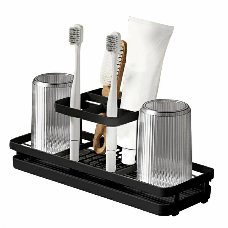 歯ブラシスタンド 置き型 防錆 歯ブラシホルダー 大容量 歯ブラシ立て 洗面台 歯ブラシ置き 水切り 歯磨き粉 電動歯ブラシ収納 シェーバー 洗顔フォーム 多機能 受け皿付き コップスタンド 2