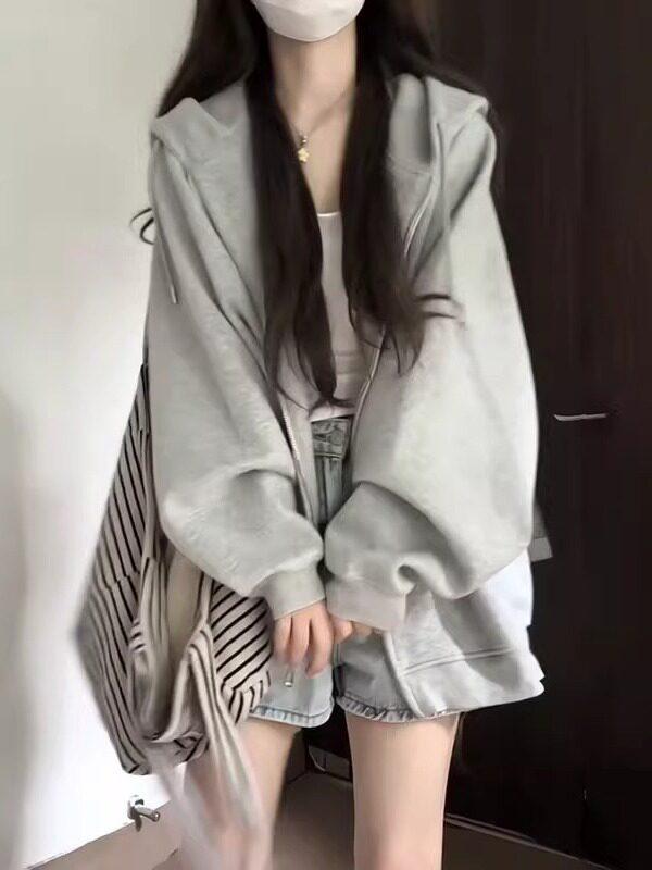 パーカー レディース ゆったり 秋冬 大きいサイズ 体型カバー 長袖 フード付き ジップアップ スウェット ジャケット 切り替え 無地 カジュアル 韓国風 学生 普段着 トップス アウター 部屋着 ルームウェア ビッグシルエット ドロップショルダー 着痩