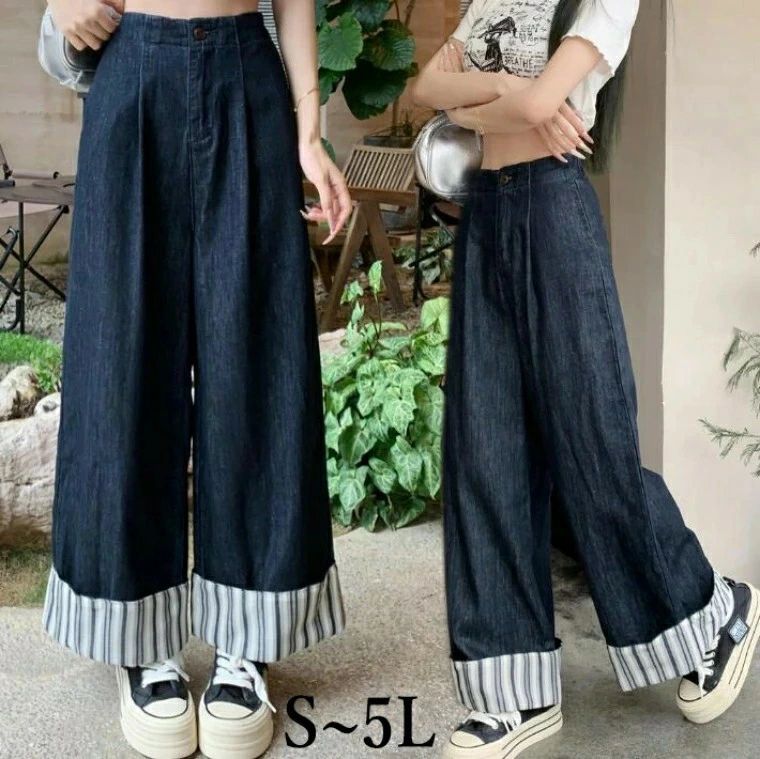 乐天商城 - ワイドパンツ スカーチョ ガウチョパンツ レディース ストライプ　ワイド パンツ 9分丈 ウエストゴム　デニム　カンツ　ハイウェスト　ロング　春　夏　大きいサイズ　S　M　L　2L　3L　4L　5L