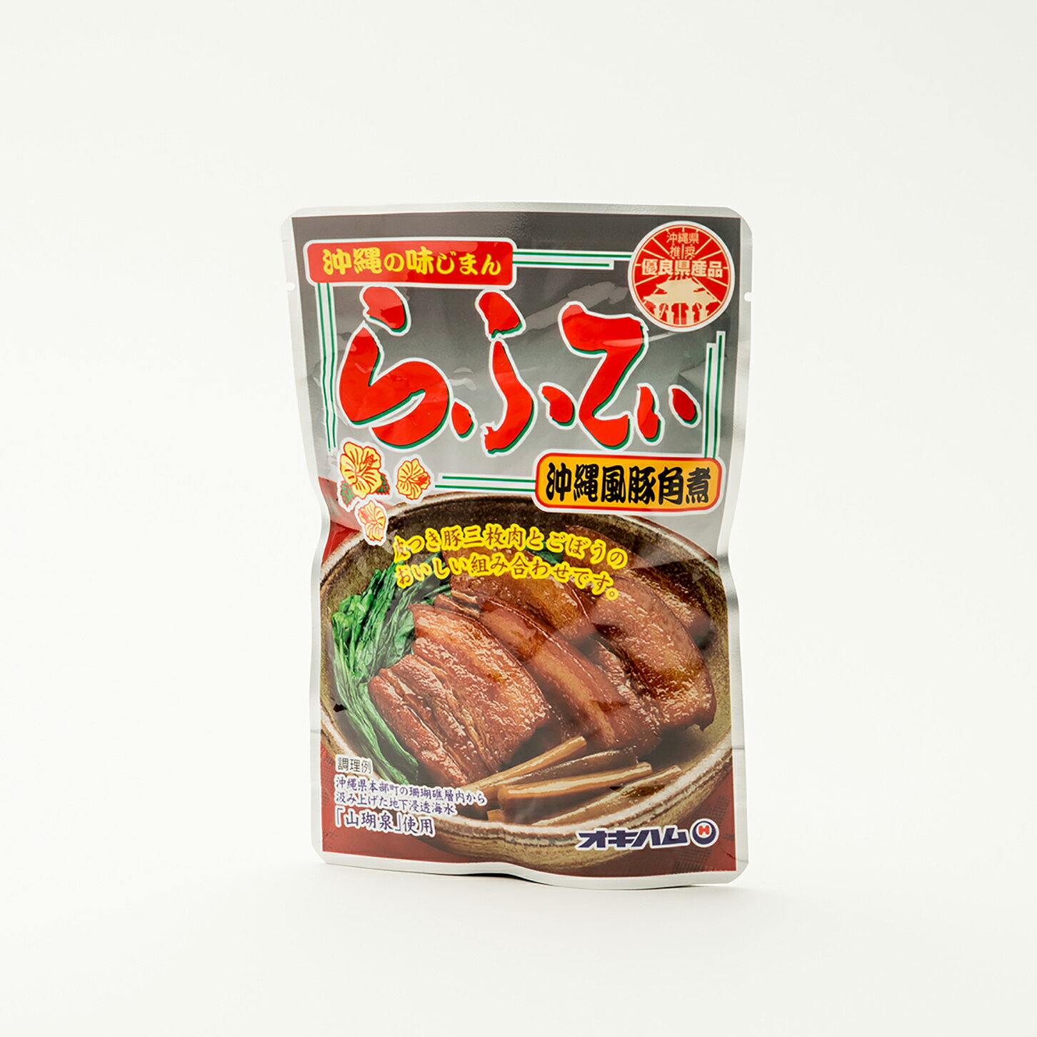 沖縄ハム総合食品の「らふてぃ(ゴボウ入り)」は165gの皮つき豚ばら肉とごぼうの煮込み料理です。醤油ベースの甘辛味が特徴で、豚肉、ゴボウ、砂糖、醤油、その他の調味料を使用しています。ご飯のお供や沖縄そばの具として。またお酒のおつまみとしても利用できます。封を切らずに袋のまま、沸騰したお湯で5分程温めてお召し上がりください。電子レンジの場合は耐熱容器に移し、ラップをかけて温めてください。湯煎の場合：袋のままでお湯の中に入れ、5ー6分程温めてお召しあがりください。電子レンジの場合:必ず袋から取り出し、お皿にとり、ラップをかけて加熱してください。注意事項●開封後はお早めにお召し上がりください。 ●常温保存が可能ですが、直射日光や高温の場所を避けて保管してください。 ●対象年齢に制限はありませんが、小さなお子様や高齢の方が食べる際は飲み込みやすいサイズに切るなどの工夫をお勧めします。原産地日本原材料豚バラ肉（輸入）、ごぼう、しょうゆ、砂糖類（上白糖・黒砂糖）、でん粉、おろし生姜、長ねぎ、地下浸透海水、(一部に小麦・豚肉・大豆を含む)保存方法直射日光を避けて、常温で保存してください。沖縄ハム総合食品の「らふてぃ(ゴボウ入り)」は165gの皮つき豚ばら肉とごぼうの煮込み料理です。醤油ベースの甘辛味が特徴で、豚肉、ゴボウ、砂糖、醤油、その他の調味料を使用しています。ご飯のお供や沖縄そばの具として。またお酒のおつまみとしても利用できます。封を切らずに袋のまま、沸騰したお湯で5分程温めてお召し上がりください。電子レンジの場合は耐熱容器に移し、ラップをかけて温めてください。湯煎の場合：袋のままでお湯の中に入れ、5ー6分程温めてお召しあがりください。電子レンジの場合:必ず袋から取り出し、お皿にとり、ラップをかけて加熱してください。注意事項●開封後はお早めにお召し上がりください。 ●常温保存が可能ですが、直射日光や高温の場所を避けて保管してください。 ●対象年齢に制限はありませんが、小さなお子様や高齢の方が食べる際は飲み込みやすいサイズに切るなどの工夫をお勧めします。原産地日本原材料豚バラ肉（輸入）、ごぼう、しょうゆ、砂糖類（上白糖・黒砂糖）、でん粉、おろし生姜、長ねぎ、地下浸透海水、(一部に小麦・豚肉・大豆を含む)保存方法直射日光を避けて、常温で保存してください。