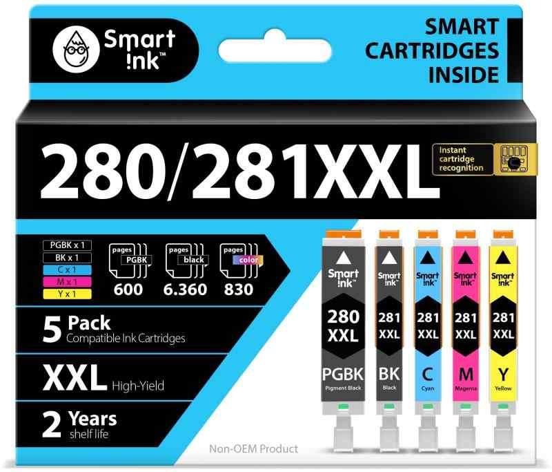 スマートインク互換インクカートリッジ。Canon 281 280 PGI-280XXL CLI-281XXL (5コンボパック)。Canonプリンター Pixma TR8520 TS9120 TS6120 TR8620 TR8620a TS6320 TR7520 PGBK/BK/C/M/Y用。