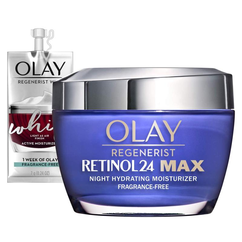 Olay Regenerist Retinol 24 Max Moisturizer, Retinol 24 Max Night Face Cream, Fragrance Free, 1.7 Oz Whip Face Moisturizer Travel/Trial Size Gift Set