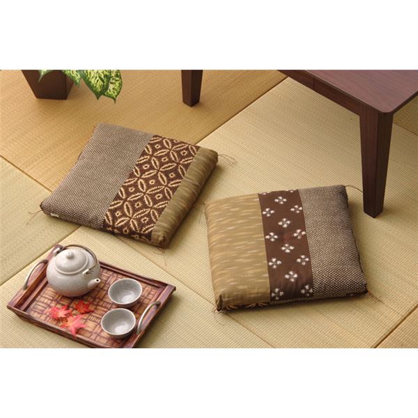 和柄 小座布団 ブラウン 2枚組 側サイズ 約40×40cm 製品サイズ 約37×37cm 綿100％ 日本製 〔リビング ..