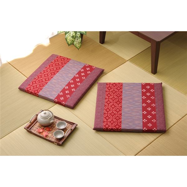 和柄 座布団 エンジ 約55×55cm 2枚組 綿100％ 日本製 絣和柄 座布団 〔リビング 居間 店舗〕代引NG ク..