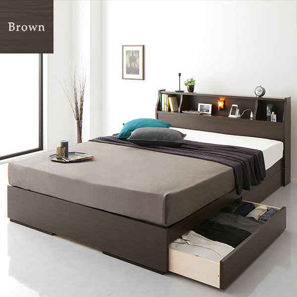 ヘッドボード付き 2段棚 収納ベッド セミダブルサイズ 日本製ポケットコイルマットレス付き 引出し2杯付き ライト付 宮棚付き コンセント付き 木目調 スタイリッシュ 国産フレーム 低ホルムアルデヒド ブラウン代引NG [2]