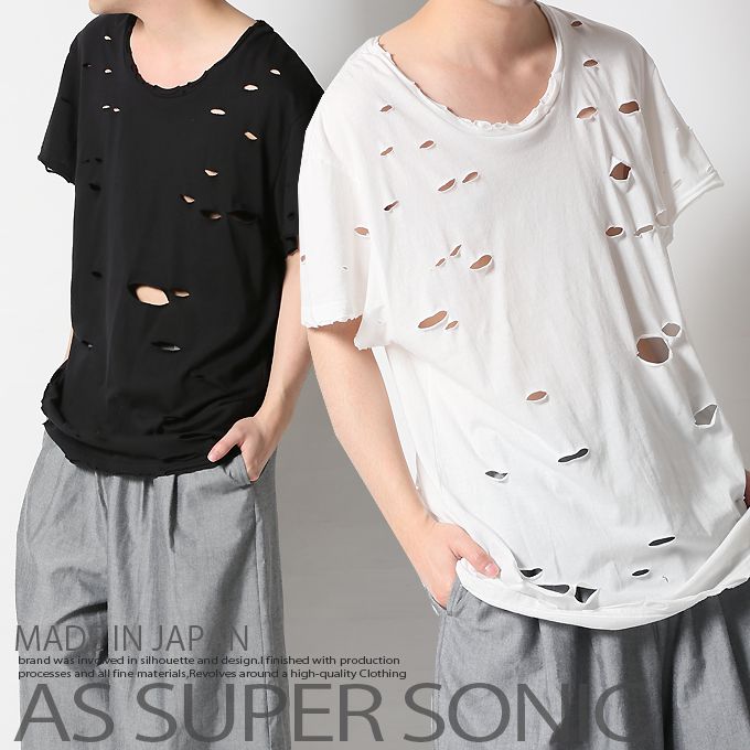 Rakuten - カットソー メンズ ロング丈 モード系 ダメージ 加工 Tシャツ メンズファッション ワイド AS SUPER SONIC