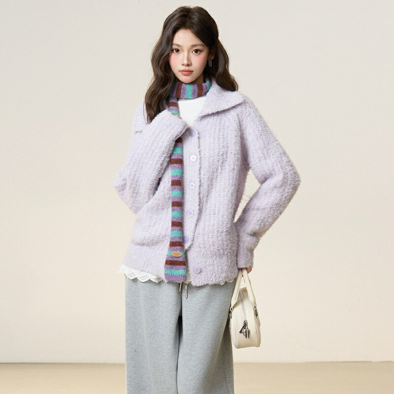 Rakuten - カーディガン レディース ニット 秋冬 長袖 厚手 あったか 羊羔毛 フリースタイル ゆったり オーバーサイズ フリーサイズ 高級感 おしゃれ 羽織り 開衫 プルオーバー 日常 シンプル 無地 パープル Runea Code
