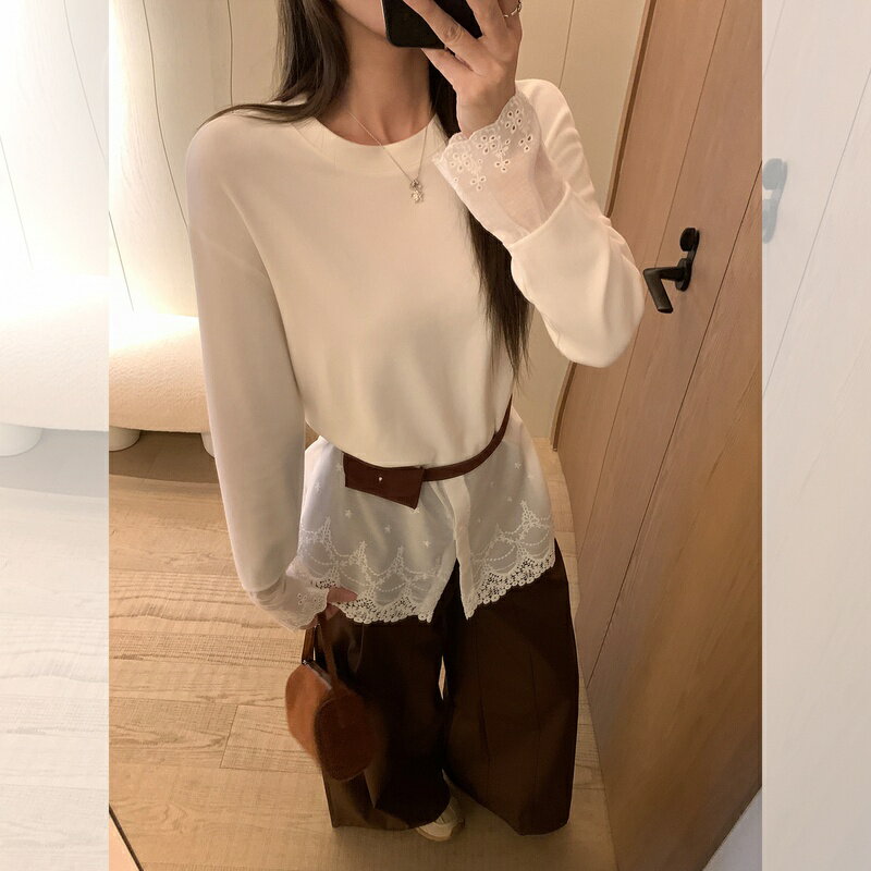 Long-Sleeved - 裏起毛 インナー レディース 長袖 ロング丈 中長款 レース 裾 レース あったか 防寒 冬 肌着 ルームウェア 重ね着 カットソー トップス 暖かい 温かい 大きめ ワイド ゆったり Runea Code