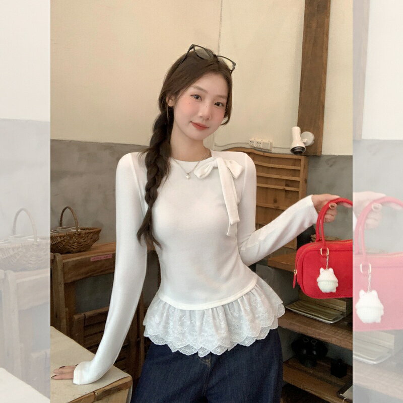 Rakuten - Tシャツ レディース 長袖 秋冬 インナー バレエ風 レース リボン 磨毛 肌触り 柔らかい 丸首 普段着 きれいめ コーディネート 重ね着 トップス Runea Code