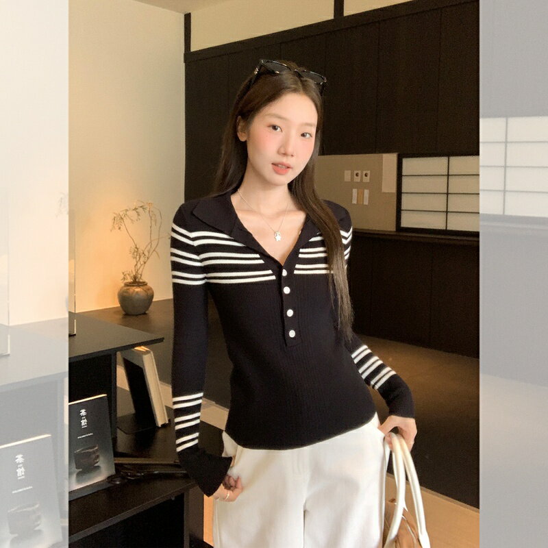Rakuten - ニット レディース セーター 長袖 トップス ポロカラー ボタン ストライプ 甘辛 インナー きれいめ 普段着 秋冬 春 2025 2026 秋 新作 ギャル ミックス 着回し おしゃれ Runea Code