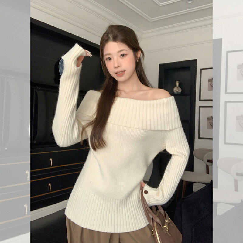 乐天商城 - オフショルダー ニット トップス レディース 長袖 リブニット ミルキーベージュ 甘辛 スタイル オフショル ニットセーター プルオーバー 大人 カジュアル 秋冬 新作 きれいめ ワンショル 着痩せ 体型カバー 韓国風 Runea Code