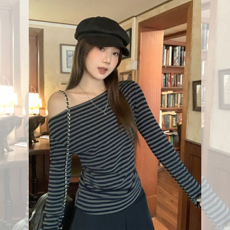 长袖 - 長袖 インナー レディース オフショルダー トップス 斜めオフショルダー ウエスト絞り ストライプ ギャル系 甘辛 アマカラ 秋冬 重ね着 カットソー 肌見せ ワンポイント カフェ デート 普段使い Runea Code