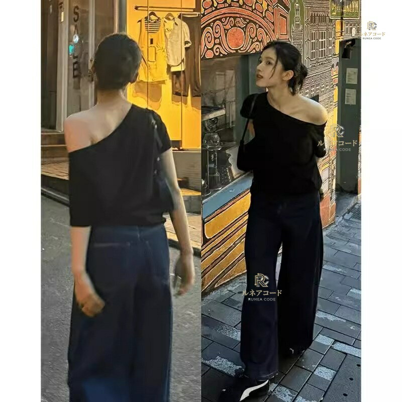 オフショルダー Tシャツ レディース 半袖 カットソー 斜め肩 ゆったり 大きめサイズ 綿100% 無地 黒 白 グレー ネイビー ライトブルー ベージュ マンゴー 夏服 デイリー カジュアル お出かけ 2024夏 新作 Runea Code