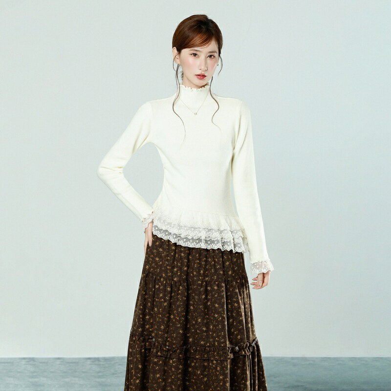 Rakuten - ニット レディース セーター タートルネック 長袖 冬 秋冬 あったか 暖かい 厚手 厚手 木耳边 レース 裾 収腰 シルエット トップス プルオーバー きれいめ オフィス デート プレミアム 2026 新作 Runea Code